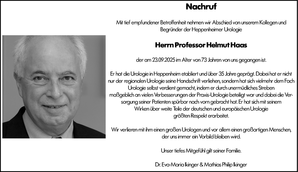  Traueranzeige für Helmut Friedrich Haas vom 01.10.2025 aus Starkenburger Echo