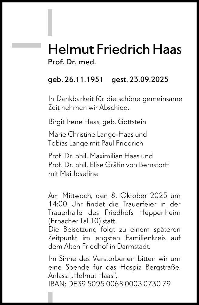  Traueranzeige für Helmut Friedrich Haas vom 01.10.2025 aus Bergsträßer Anzeiger