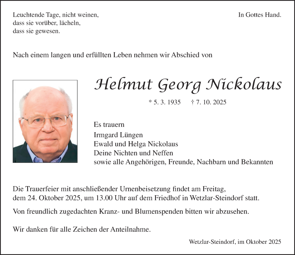  Traueranzeige für Helmut Georg Nickolaus vom 18.10.2025 aus Wetzlarer Neue Zeitung