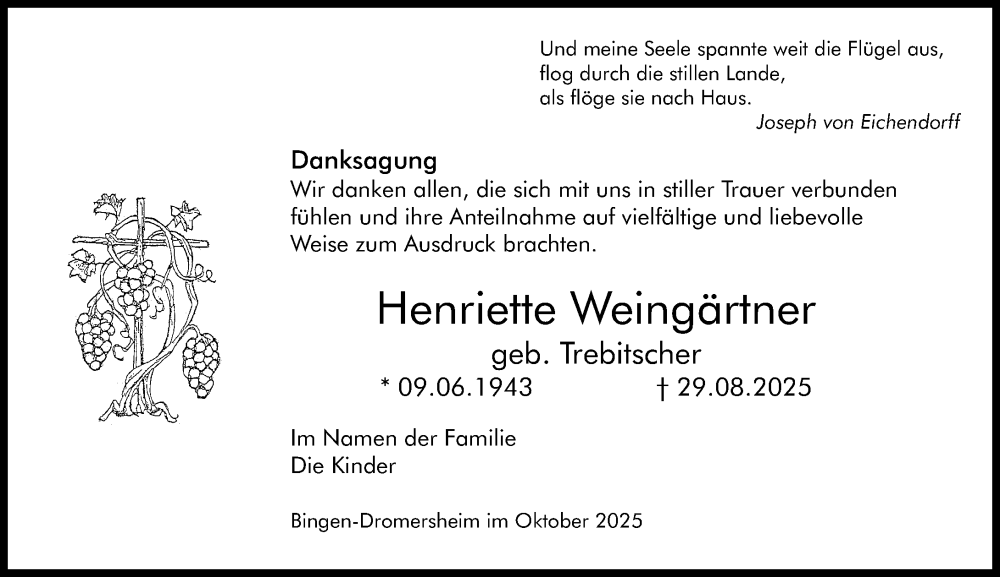  Traueranzeige für Henriette Weingärtner vom 18.10.2025 aus Binger-/Ingelheimer Wochenblatt
