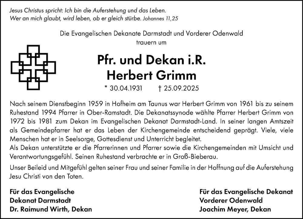  Traueranzeige für Herbert Grimm vom 04.10.2025 aus Darmstädter Echo