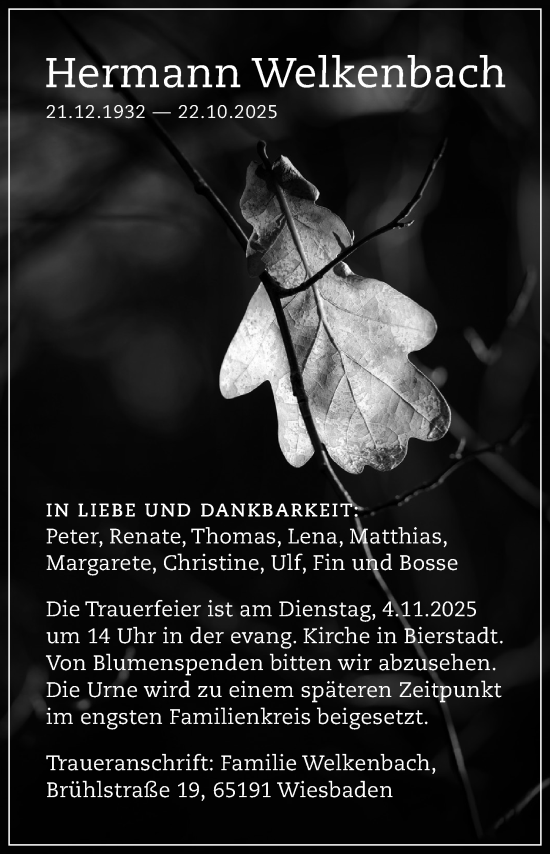 Traueranzeige von Hermann Welkenbach von Wiesbadener Kurier