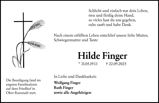 Traueranzeige von Hilde Finger von Darmstädter Echo