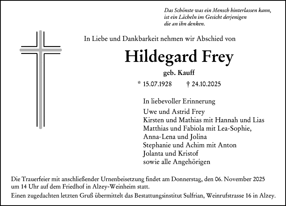  Traueranzeige für Hildegard Frey vom 31.10.2025 aus Allgemeine Zeitung Alzey