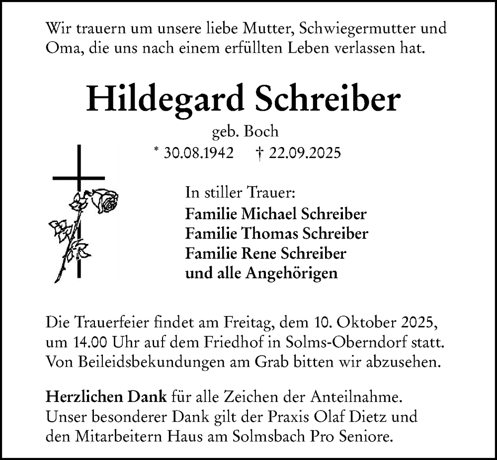  Traueranzeige für Hildegard Schreiber vom 08.10.2025 aus Wetzlarer Neue Zeitung