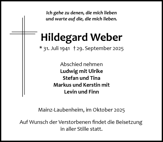 Traueranzeige von Hildegard Weber von Allgemeine Zeitung Mainz