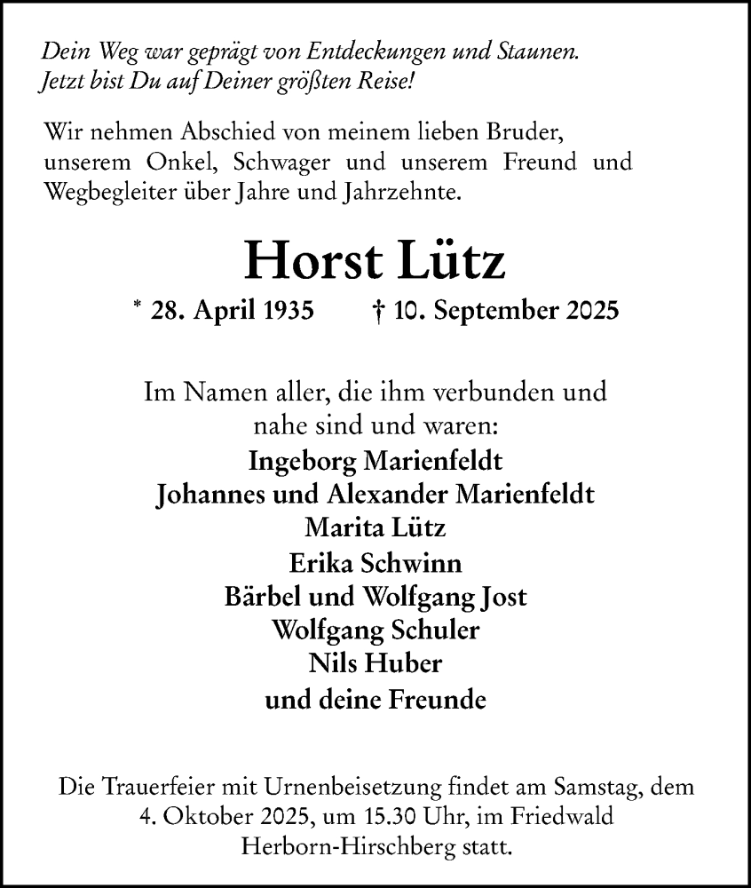  Traueranzeige für Horst Lütz vom 01.10.2025 aus Dill Block