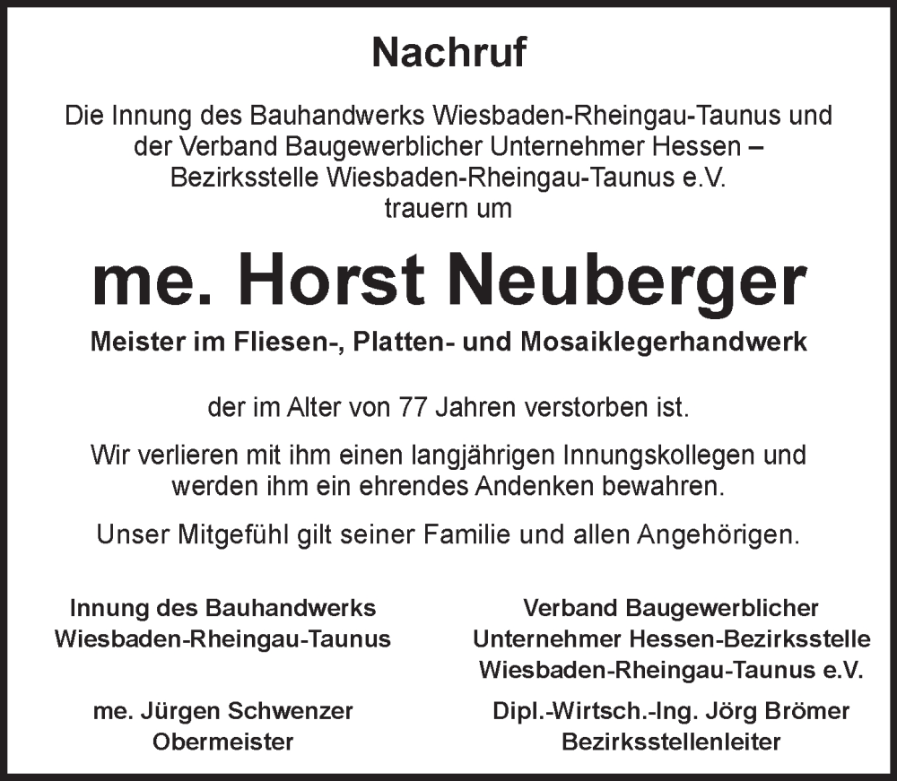  Traueranzeige für Horst Neuberger vom 18.10.2025 aus Wiesbadener Kurier