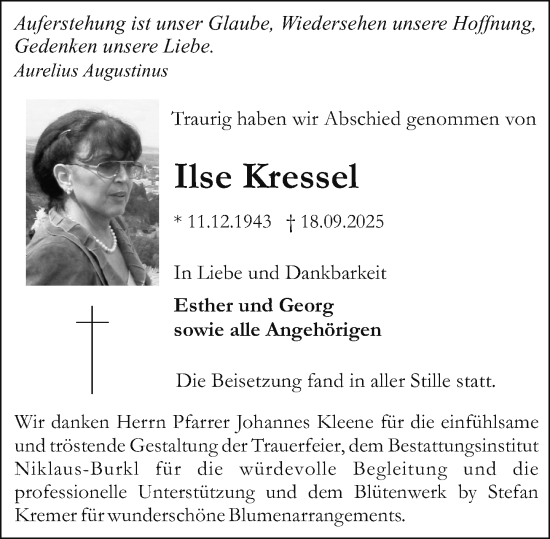 Traueranzeige von Ilse Kressel von Allgemeine Zeitung Mainz