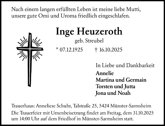 Traueranzeige von Inge Heuzeroth von Binger-/Ingelheimer Wochenblatt