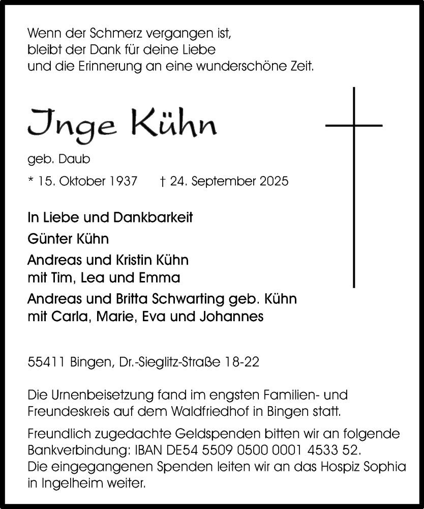  Traueranzeige für Inge Kühn vom 11.10.2025 aus Allgemeine Zeitung Rheinhessen-Nahe