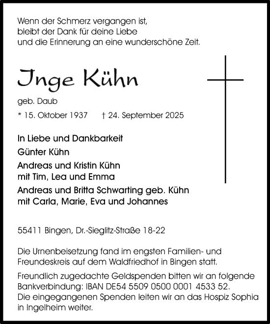 Traueranzeige von Inge Kühn von Allgemeine Zeitung Rheinhessen-Nahe