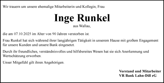 Traueranzeige von Inge Runkel von Hinterländer Anzeiger