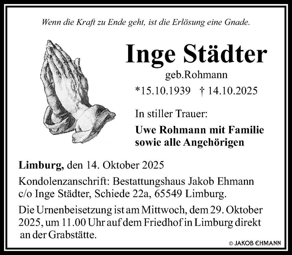 Traueranzeige für Inge Städter vom 25.10.2025 aus Nassauische Neue Presse