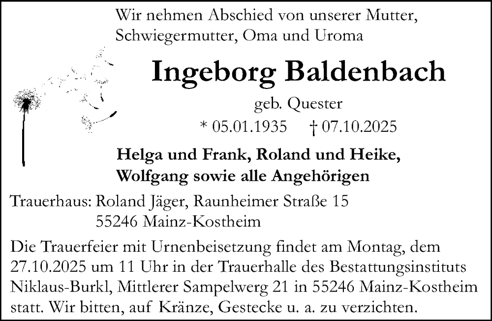  Traueranzeige für Ingeborg Baldenbach vom 25.10.2025 aus Allgemeine Zeitung Mainz