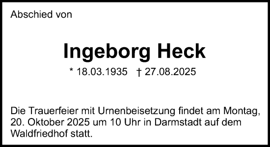 Traueranzeige von Ingeborg Heck von Darmstädter Echo