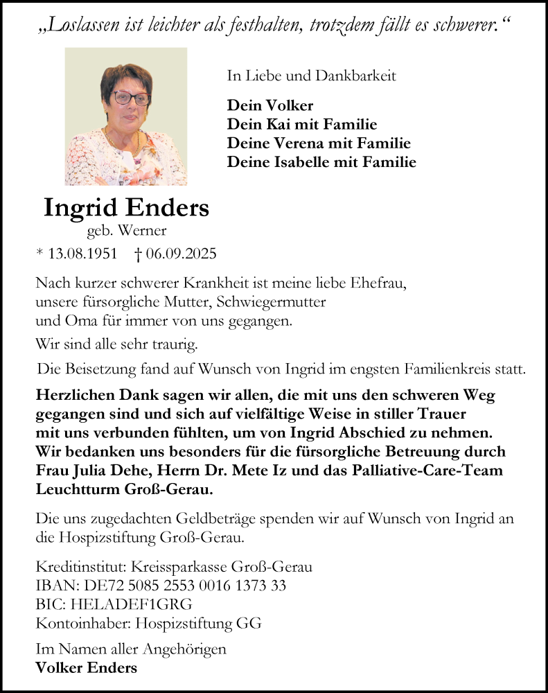  Traueranzeige für Ingrid Enders vom 25.10.2025 aus Rüsselsheimer Echo
