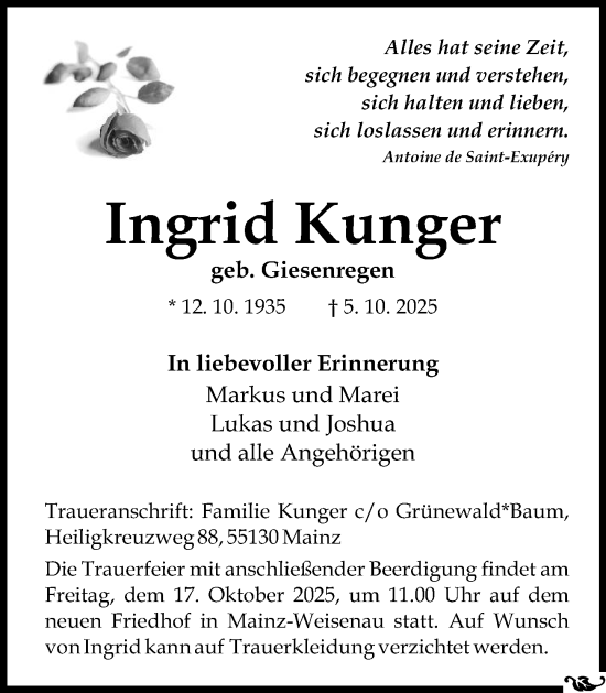 Traueranzeige von Ingrid Kunger von Allgemeine Zeitung Mainz