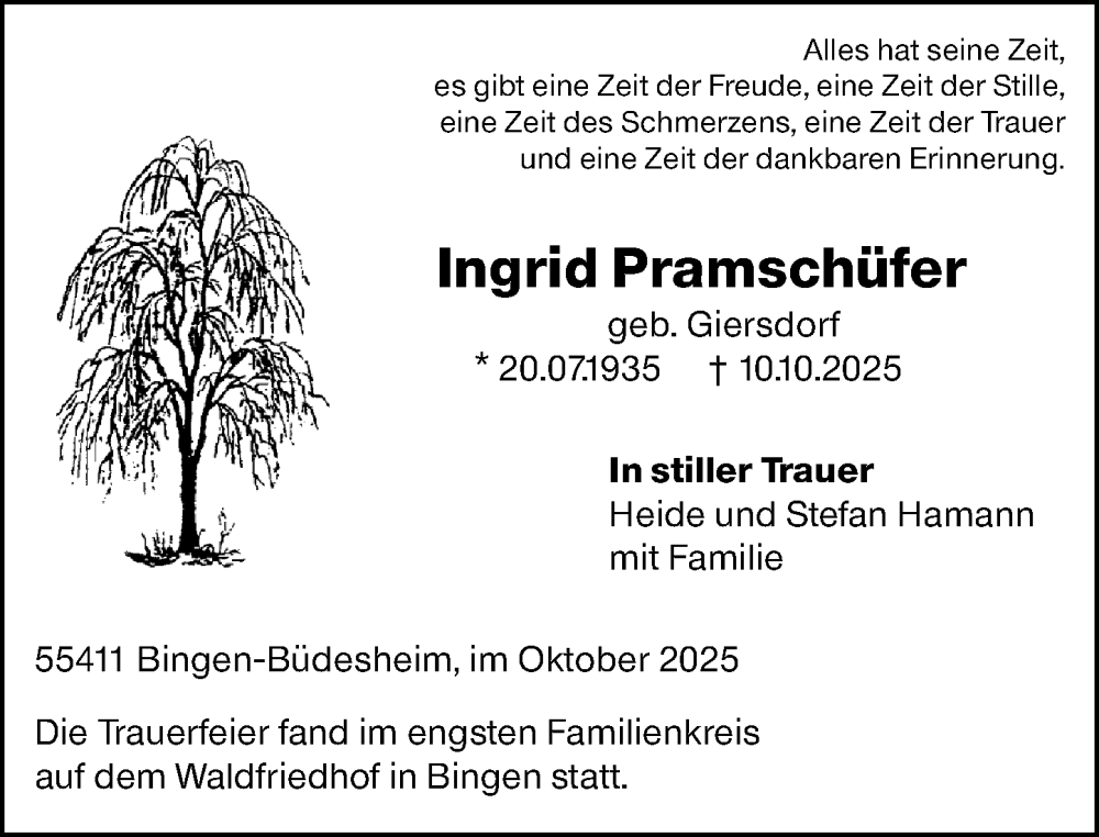  Traueranzeige für Ingrid Pramschüfer vom 11.10.2025 aus Binger-/Ingelheimer Wochenblatt