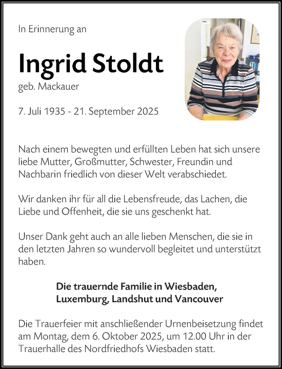 Traueranzeige von Ingrid Stoldt von Wiesbadener Kurier