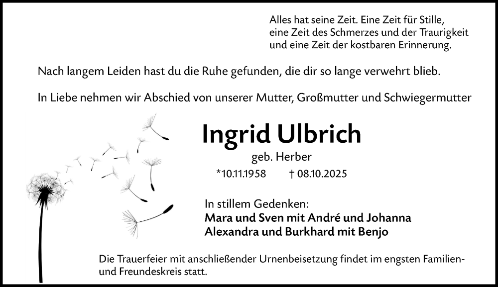  Traueranzeige für Ingrid Ulbrich vom 25.10.2025 aus Wiesbadener Kurier