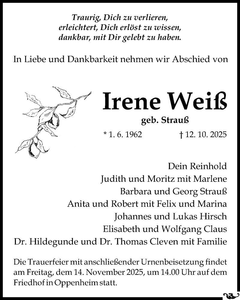  Traueranzeige für Irene Weiß vom 25.10.2025 aus Allgemeine Zeitung Mainz