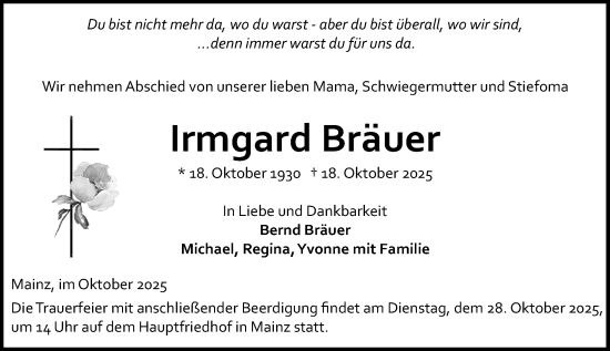 Traueranzeige von Irmgard Bräuer von Allgemeine Zeitung Mainz