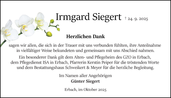 Traueranzeige von Irmgard Siegert von Odenwälder Echo