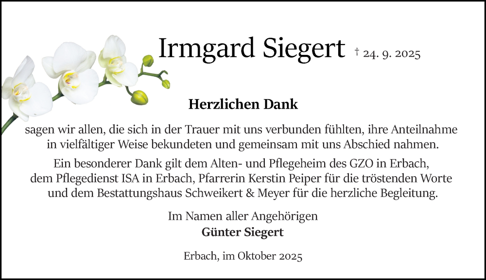  Traueranzeige für Irmgard Siegert vom 25.10.2025 aus Odenwälder Echo