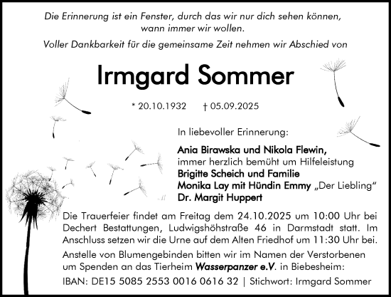 Traueranzeige von Irmgard Sommer von Odenwälder Echo