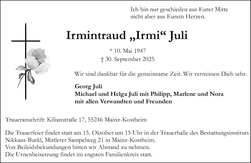  Traueranzeige für Irmintraud Juli vom 11.10.2025 aus Allgemeine Zeitung Mainz