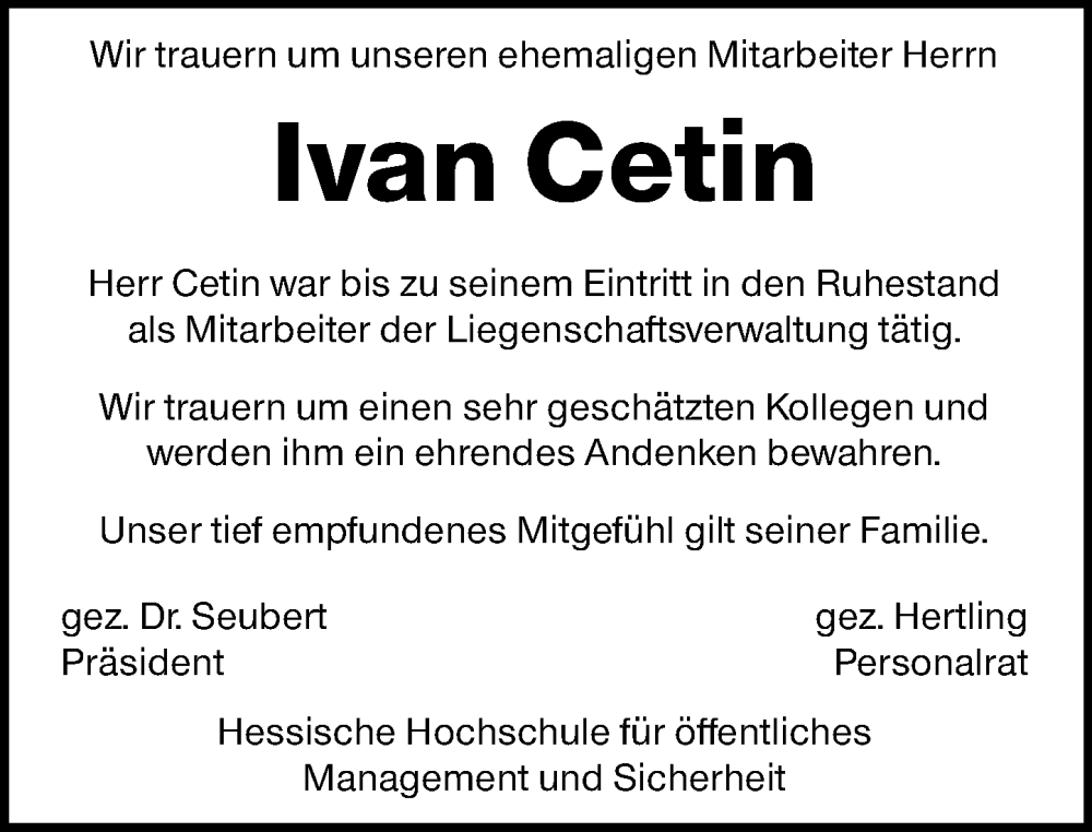  Traueranzeige für Ivan Cetin vom 18.10.2025 aus Wiesbadener Kurier