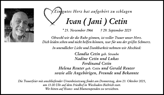 Traueranzeige von Ivan Cetin von Wiesbadener Kurier