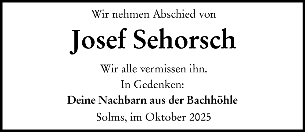  Traueranzeige für Josef Sehorsch vom 04.10.2025 aus Wetzlarer Neue Zeitung