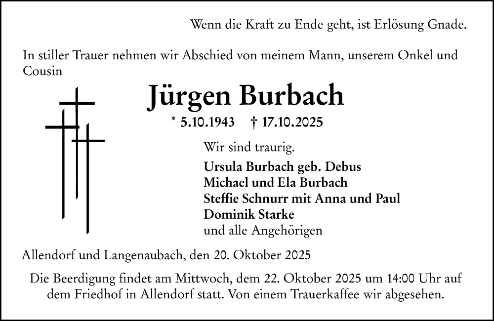  Traueranzeige für Jürgen Burbach vom 20.10.2025 aus Dill Block