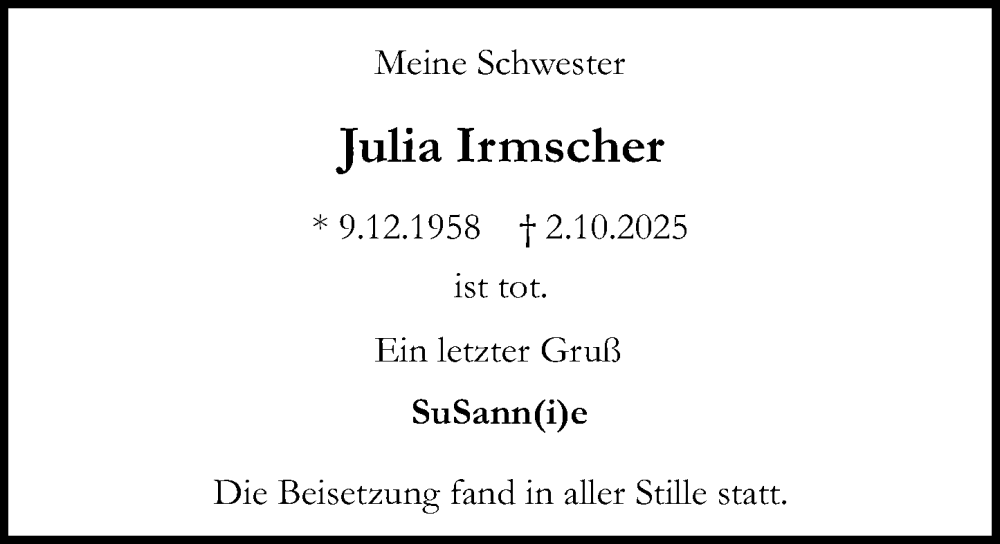 Traueranzeige für Julia Irmscher vom 11.10.2025 aus Darmstädter Echo