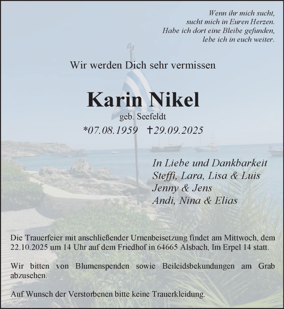  Traueranzeige für Karin Nikel vom 18.10.2025 aus Odenwälder Echo