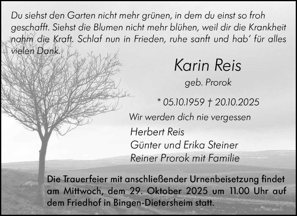  Traueranzeige für Karin Reis vom 25.10.2025 aus Allgemeine Zeitung Rheinhessen-Nahe