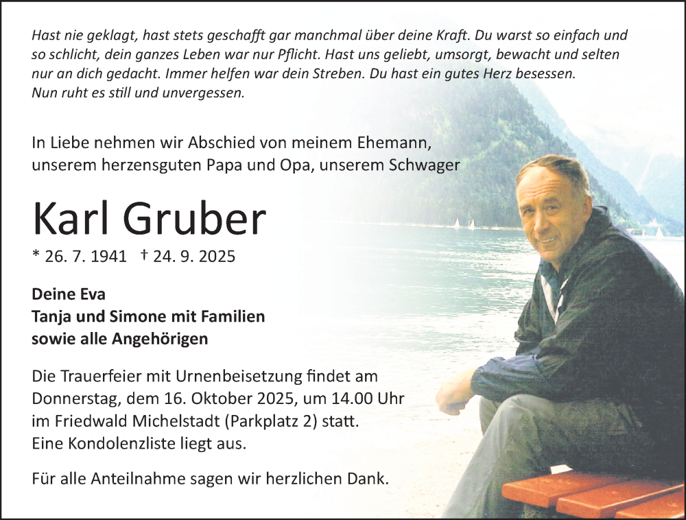  Traueranzeige für Karl Gruber vom 04.10.2025 aus Odenwälder Echo