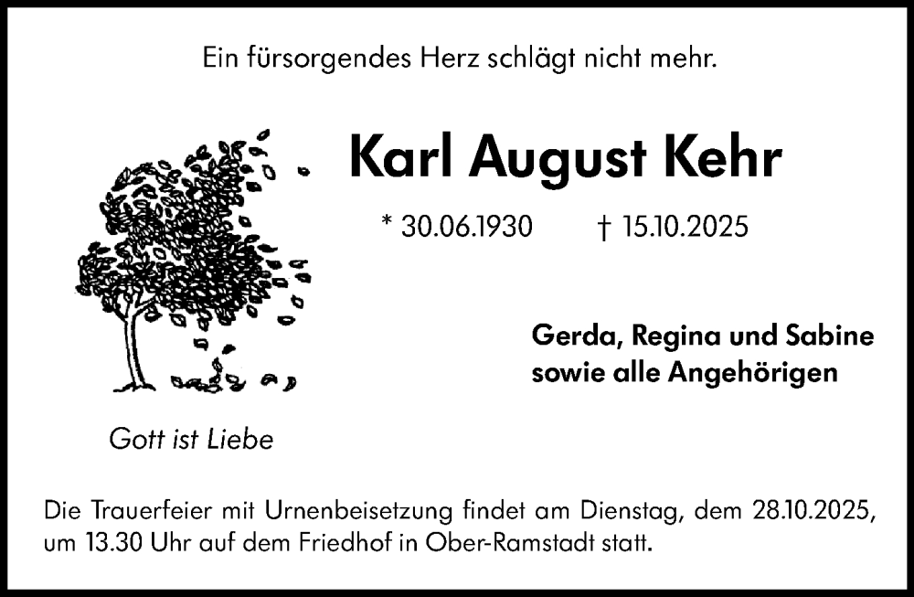  Traueranzeige für Karl August Kehr vom 25.10.2025 aus Darmstädter Echo