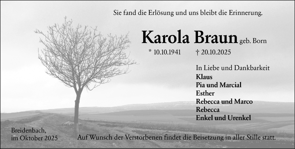  Traueranzeige für Karola Braun vom 23.10.2025 aus Hinterländer Anzeiger