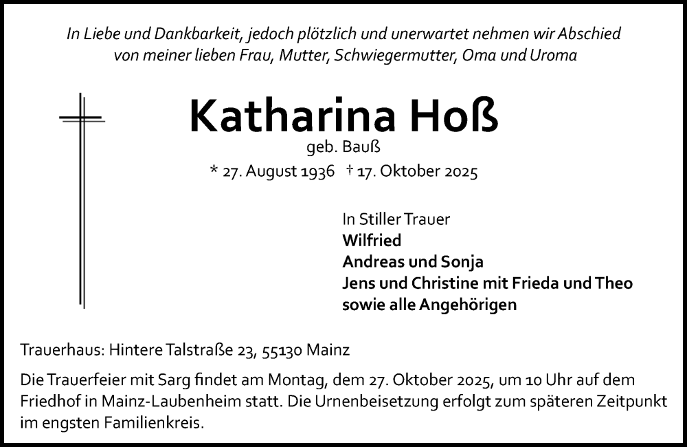  Traueranzeige für Katharina Hoß vom 25.10.2025 aus Allgemeine Zeitung Mainz