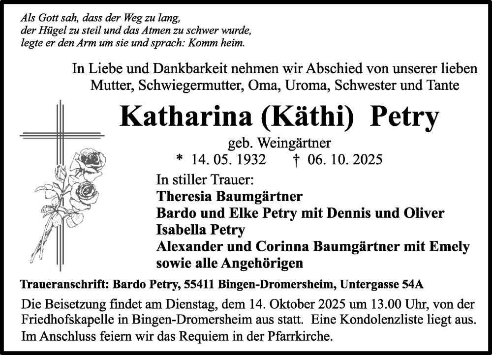  Traueranzeige für Katharina Petry vom 11.10.2025 aus Binger-/Ingelheimer Wochenblatt