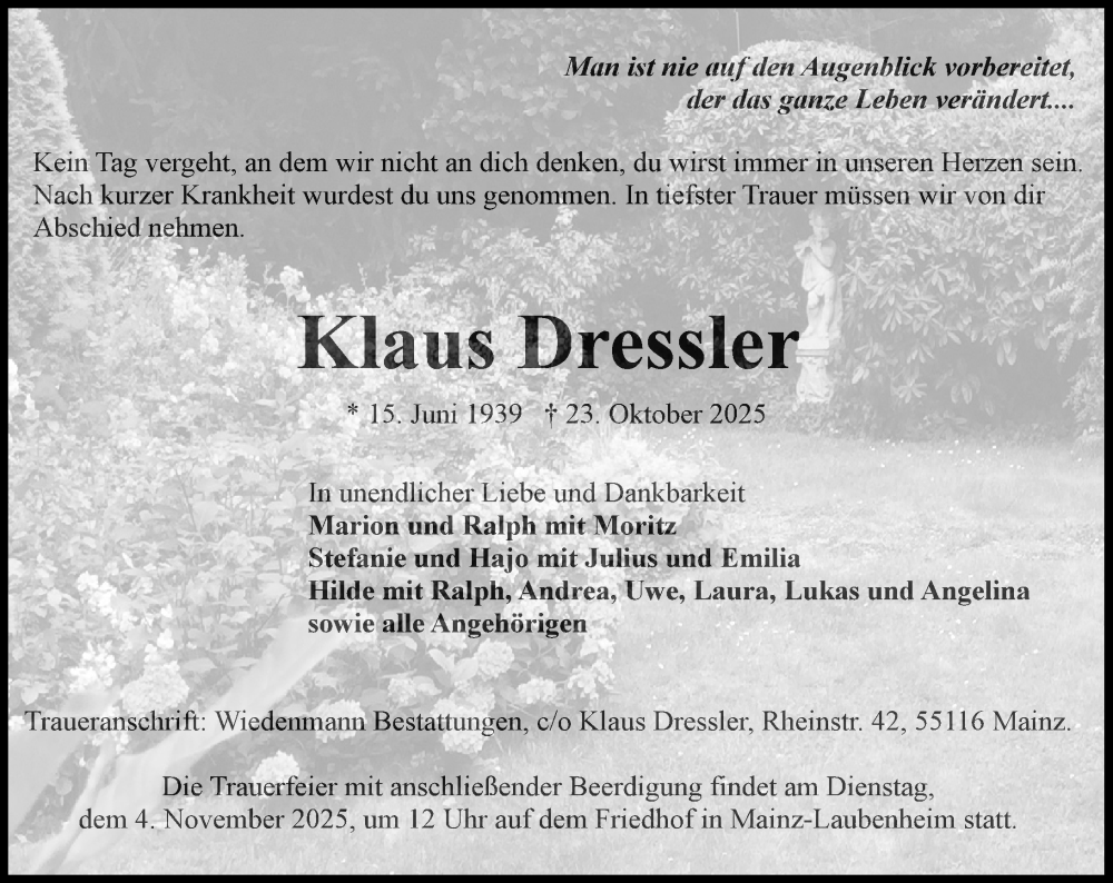  Traueranzeige für Klaus Dressler vom 31.10.2025 aus Allgemeine Zeitung Mainz
