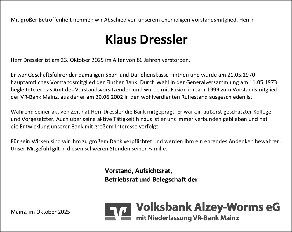  Traueranzeige für Klaus Dressler vom 31.10.2025 aus Allgemeine Zeitung Mainz