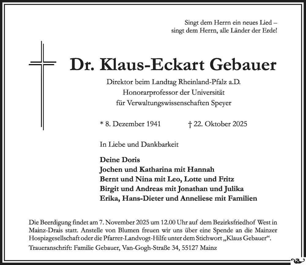 Traueranzeige für Klaus-Eckart Gebauer vom 31.10.2025 aus Allgemeine Zeitung Mainz