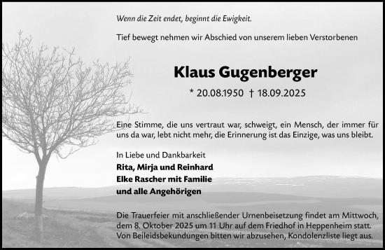 Traueranzeige von Klaus Gugenberger von Starkenburger Echo