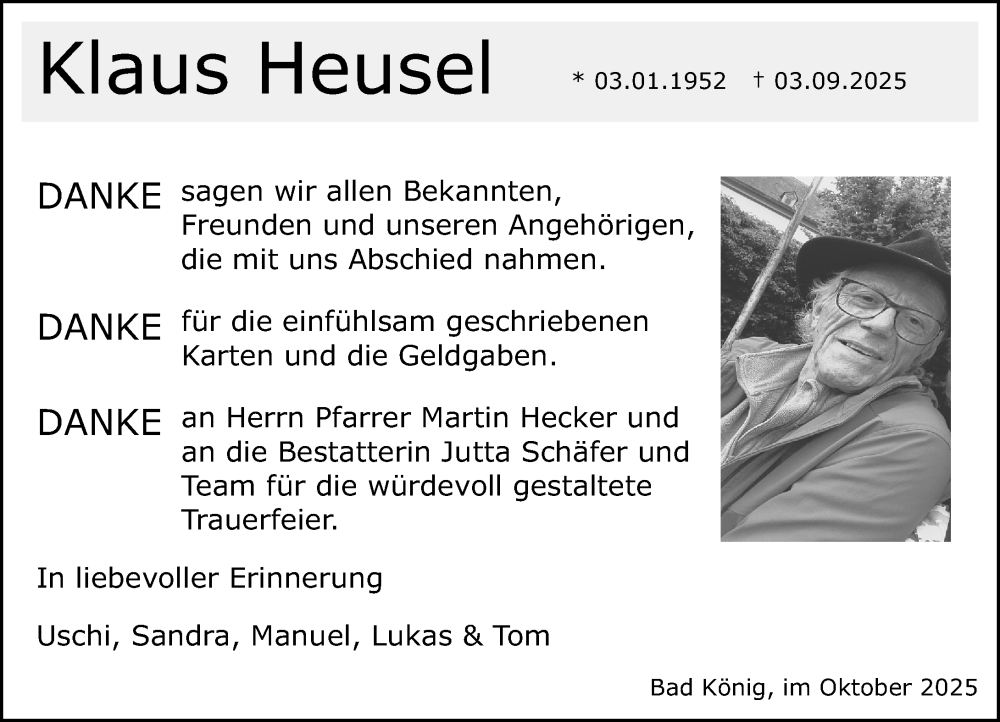 Traueranzeige für Klaus Heusel vom 11.10.2025 aus Odenwälder Echo
