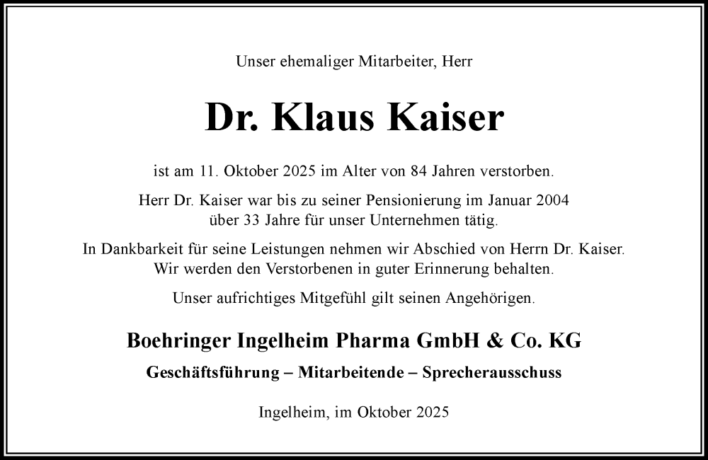  Traueranzeige für Klaus Kaiser vom 29.10.2025 aus Allgemeine Zeitung Rheinhessen-Nahe