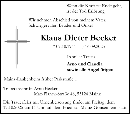 Traueranzeige von Klaus Dieter Becker von Allgemeine Zeitung Mainz